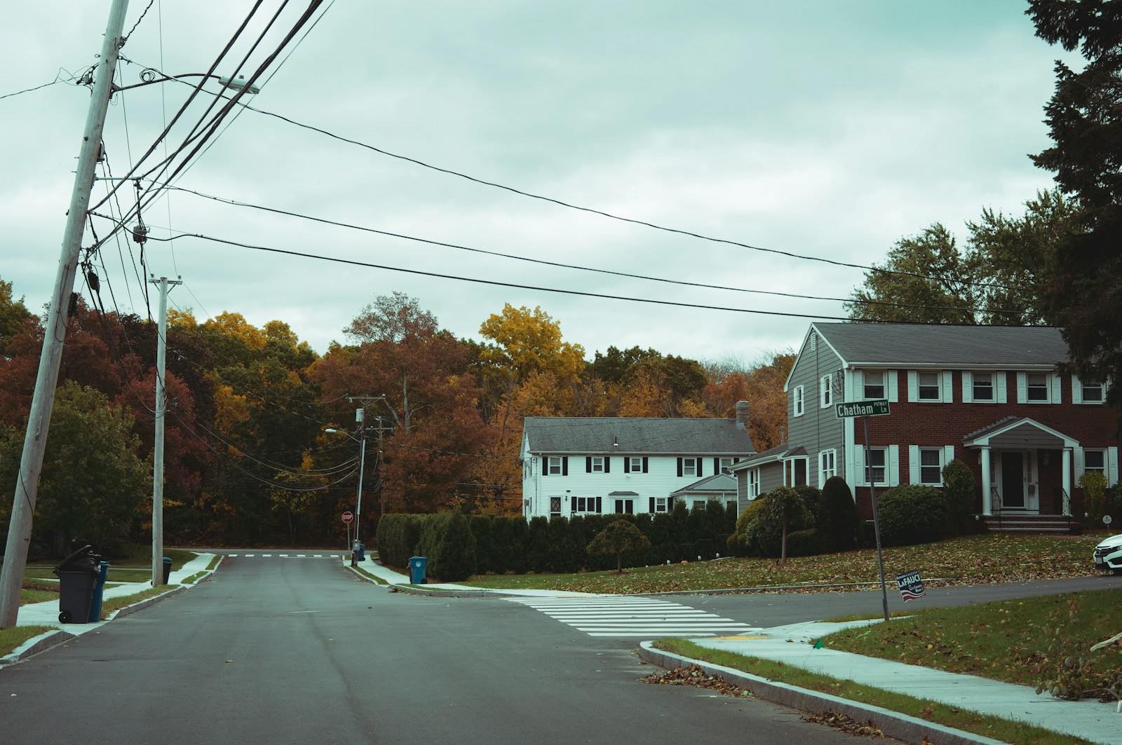 Quiet residential street lined with fall trees